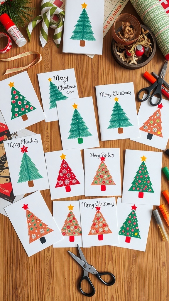 A variety of handmade Christmas cards with festive designs on a crafting table.